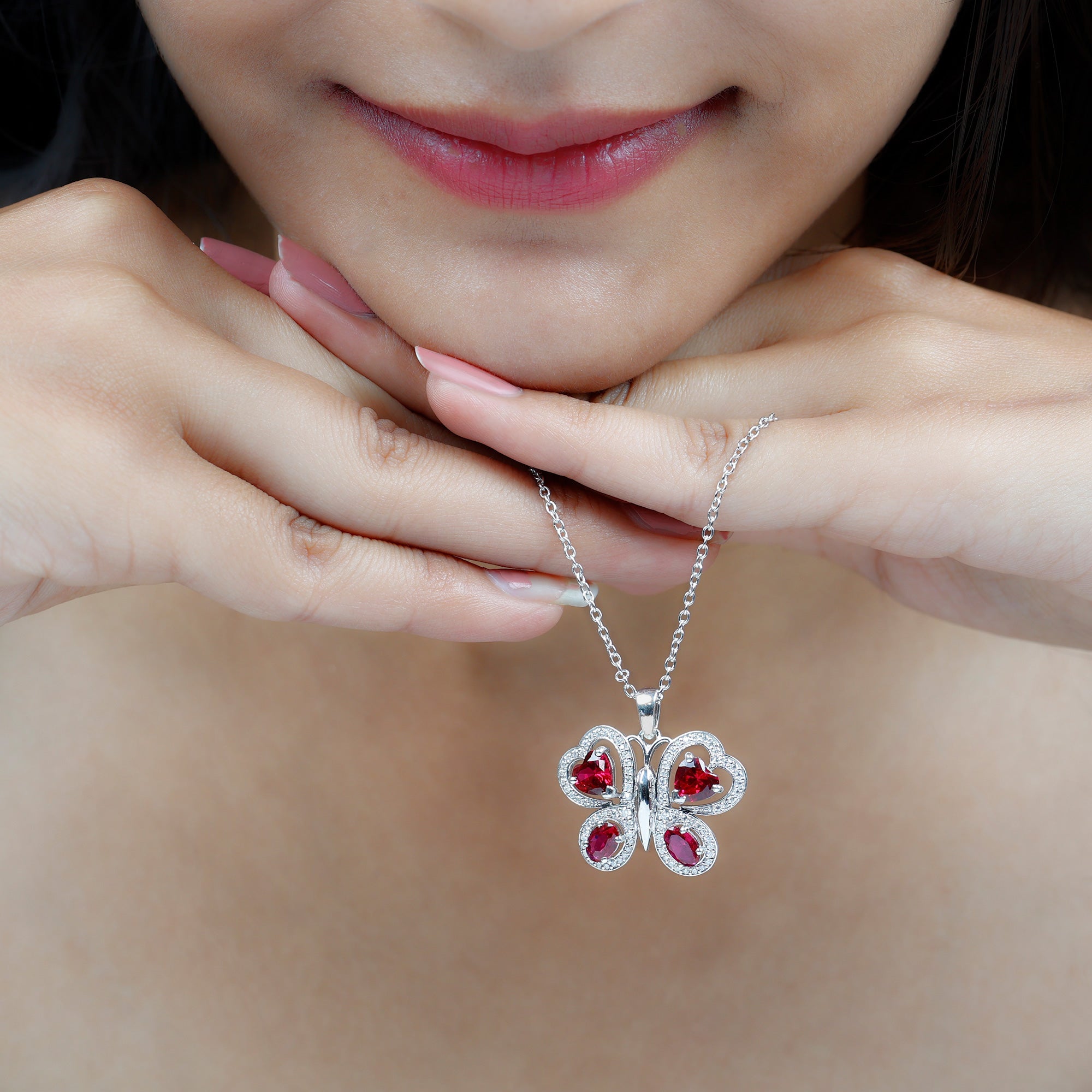 Certified Created Ruby Butterfly Pendant Necklace with Moissanite
