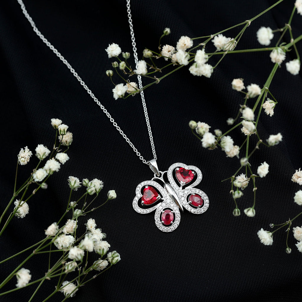 Certified Created Ruby Butterfly Pendant Necklace with Moissanite