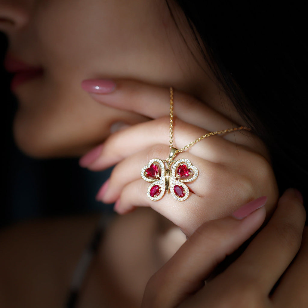Certified Created Ruby Butterfly Pendant Necklace with Moissanite