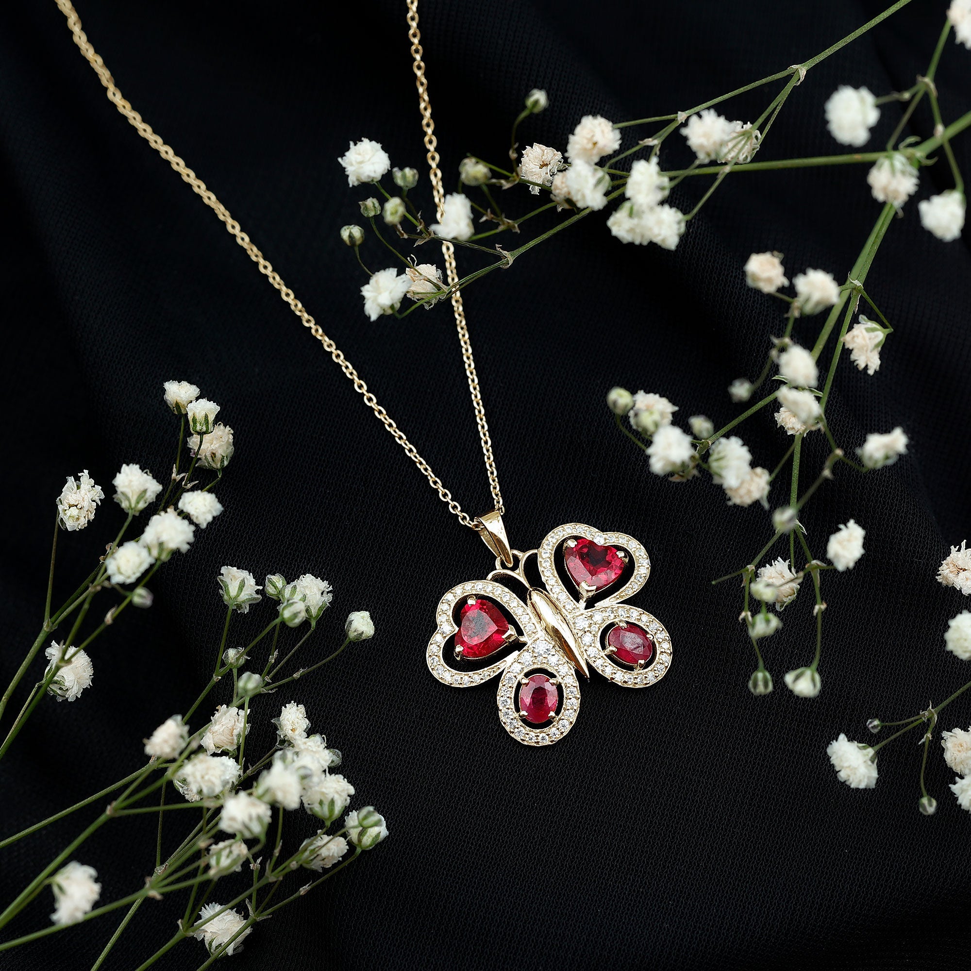 Certified Created Ruby Butterfly Pendant Necklace with Moissanite