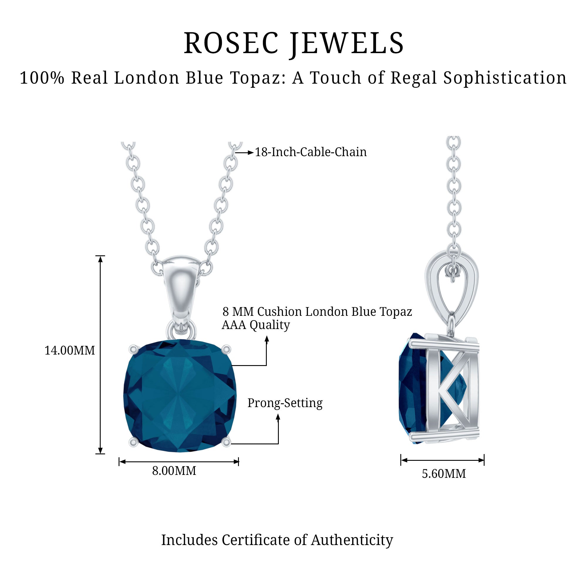 3 CT Cushion Cut London Blue Topaz Solitaire Pendant