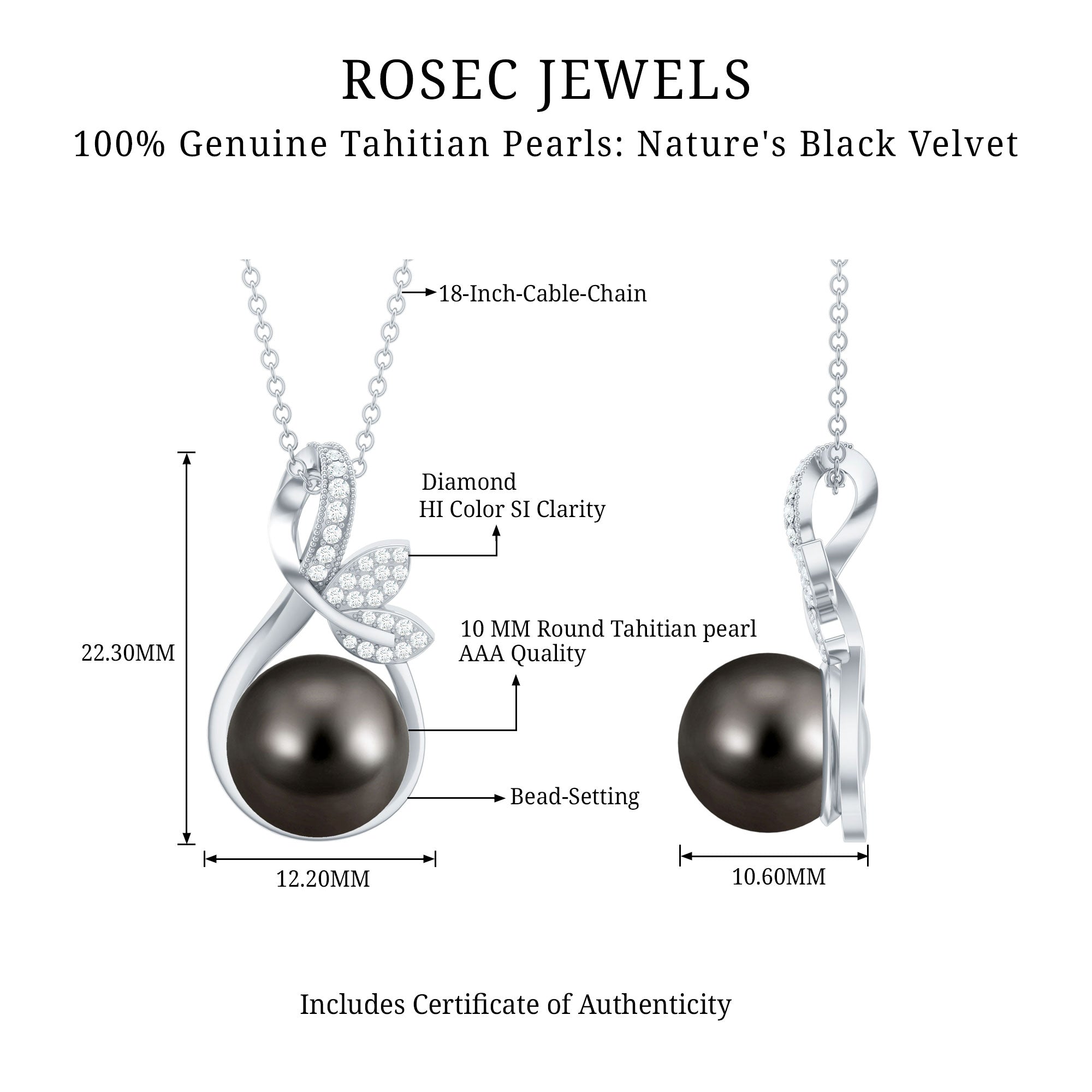 10MM Black Pearl and Diamond Bridal Pendant Necklace