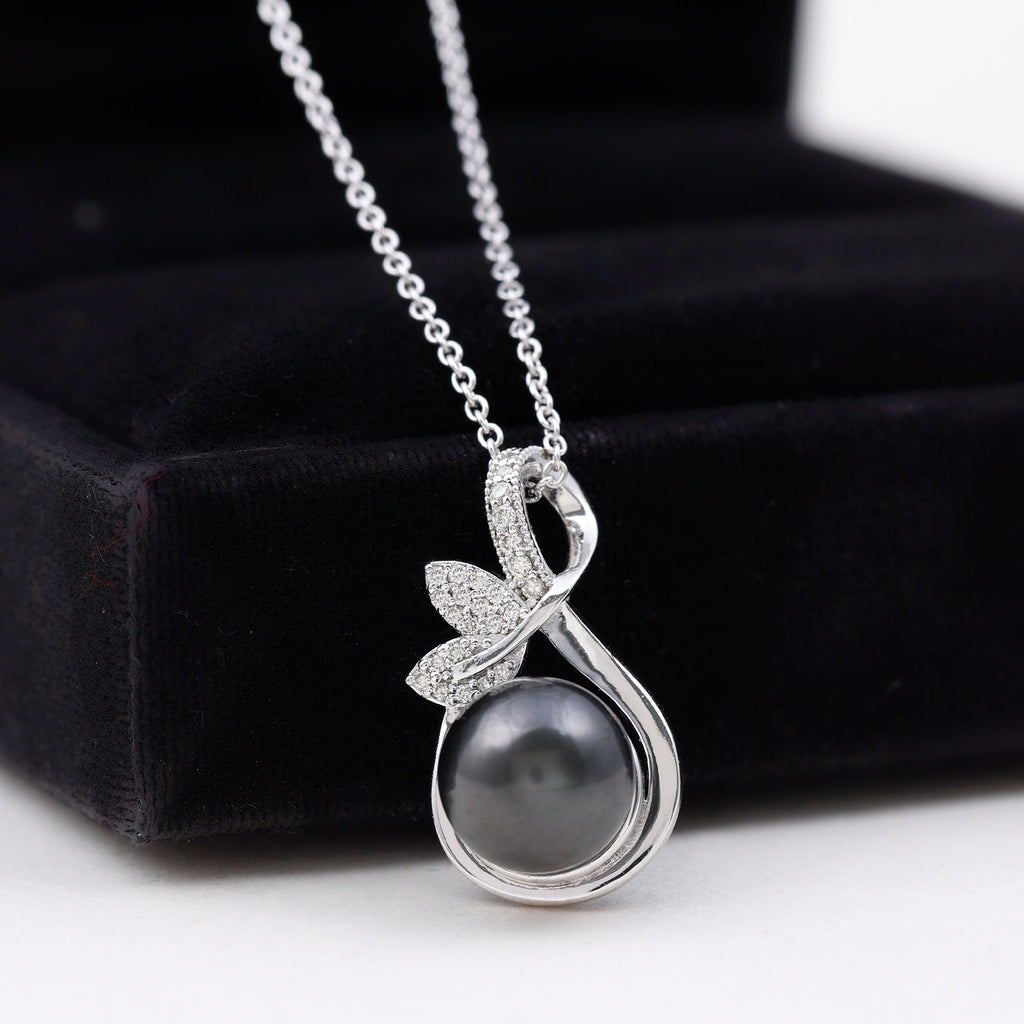 10MM Black Pearl and Diamond Bridal Pendant Necklace