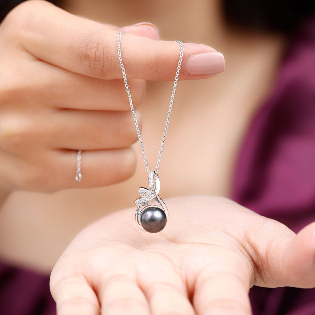 10MM Black Pearl and Diamond Bridal Pendant Necklace