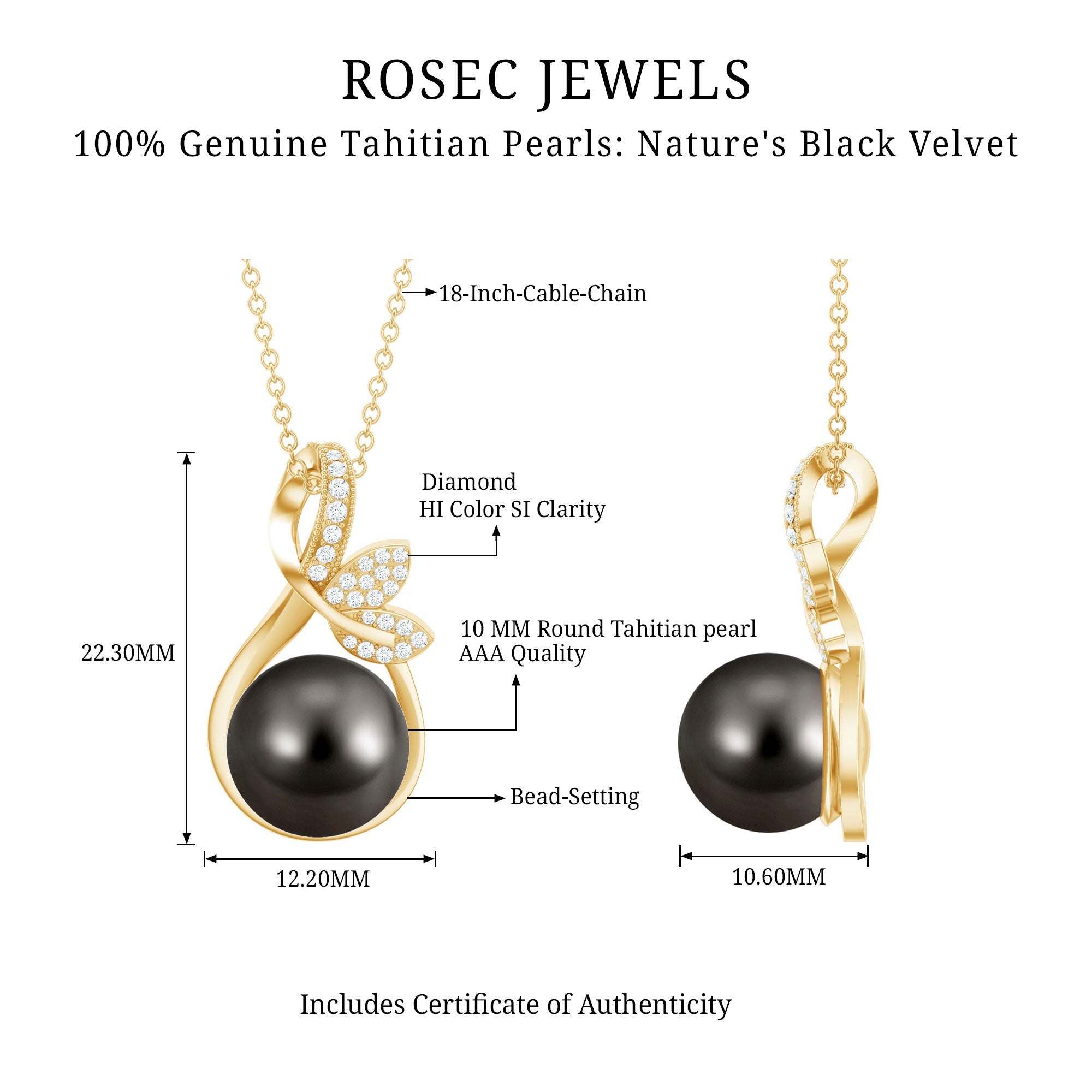 10MM Black Pearl and Diamond Bridal Pendant Necklace