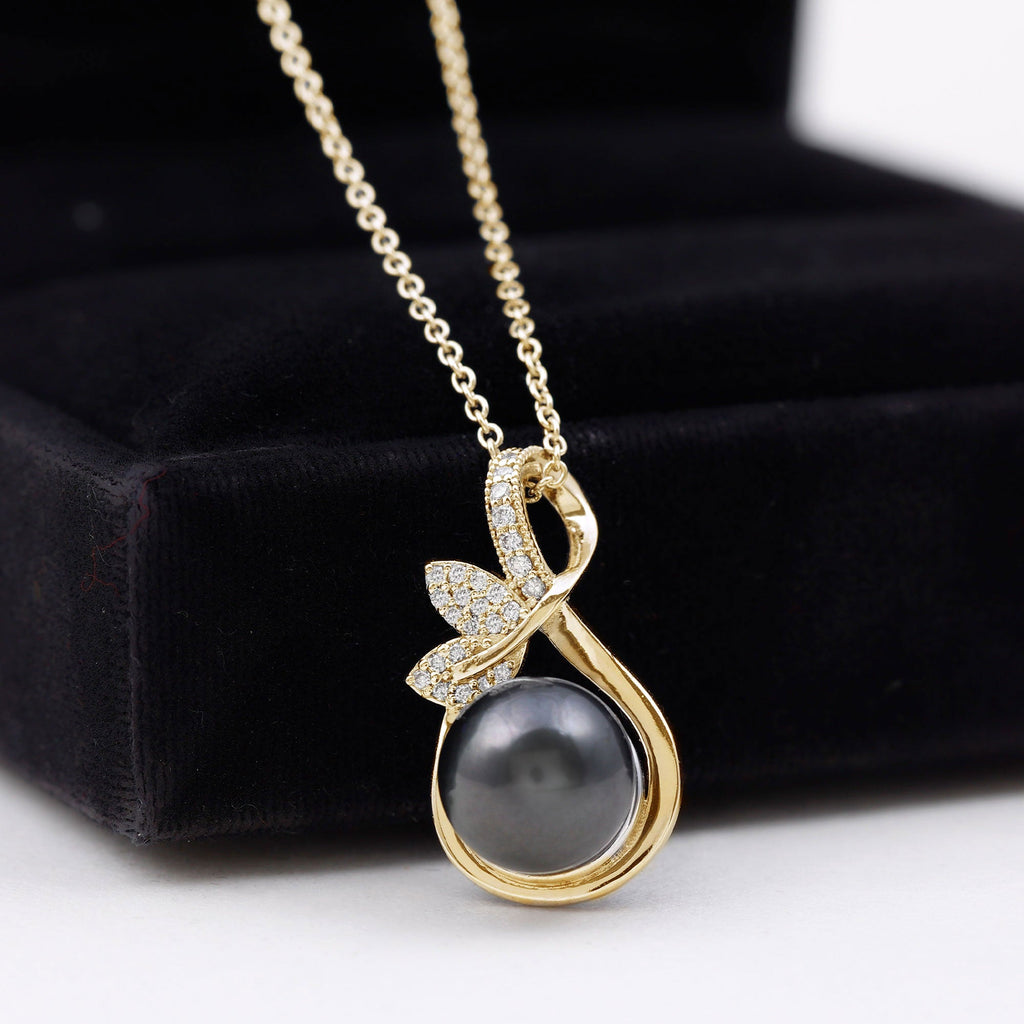 10MM Black Pearl and Diamond Bridal Pendant Necklace