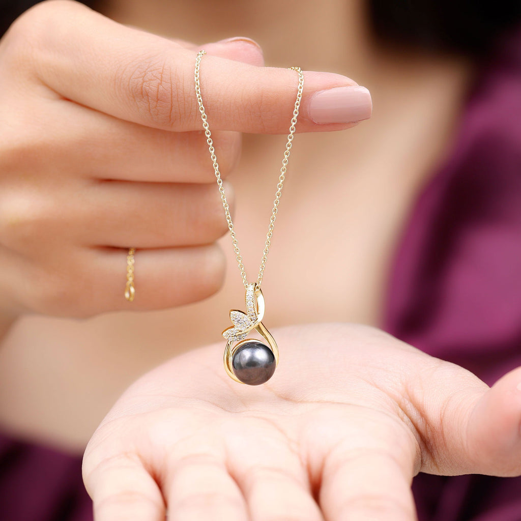 10MM Black Pearl and Diamond Bridal Pendant Necklace