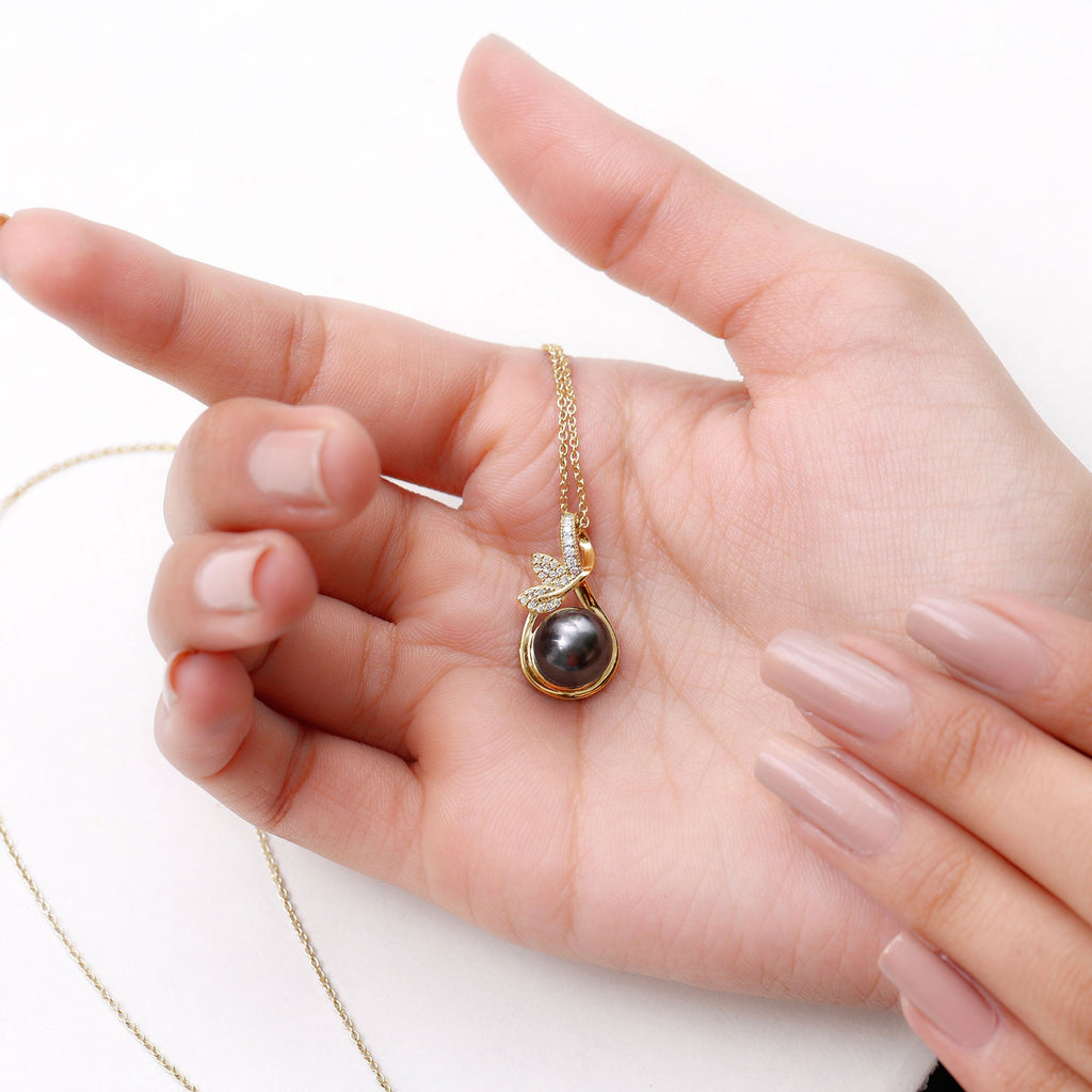 10MM Black Pearl and Diamond Bridal Pendant Necklace