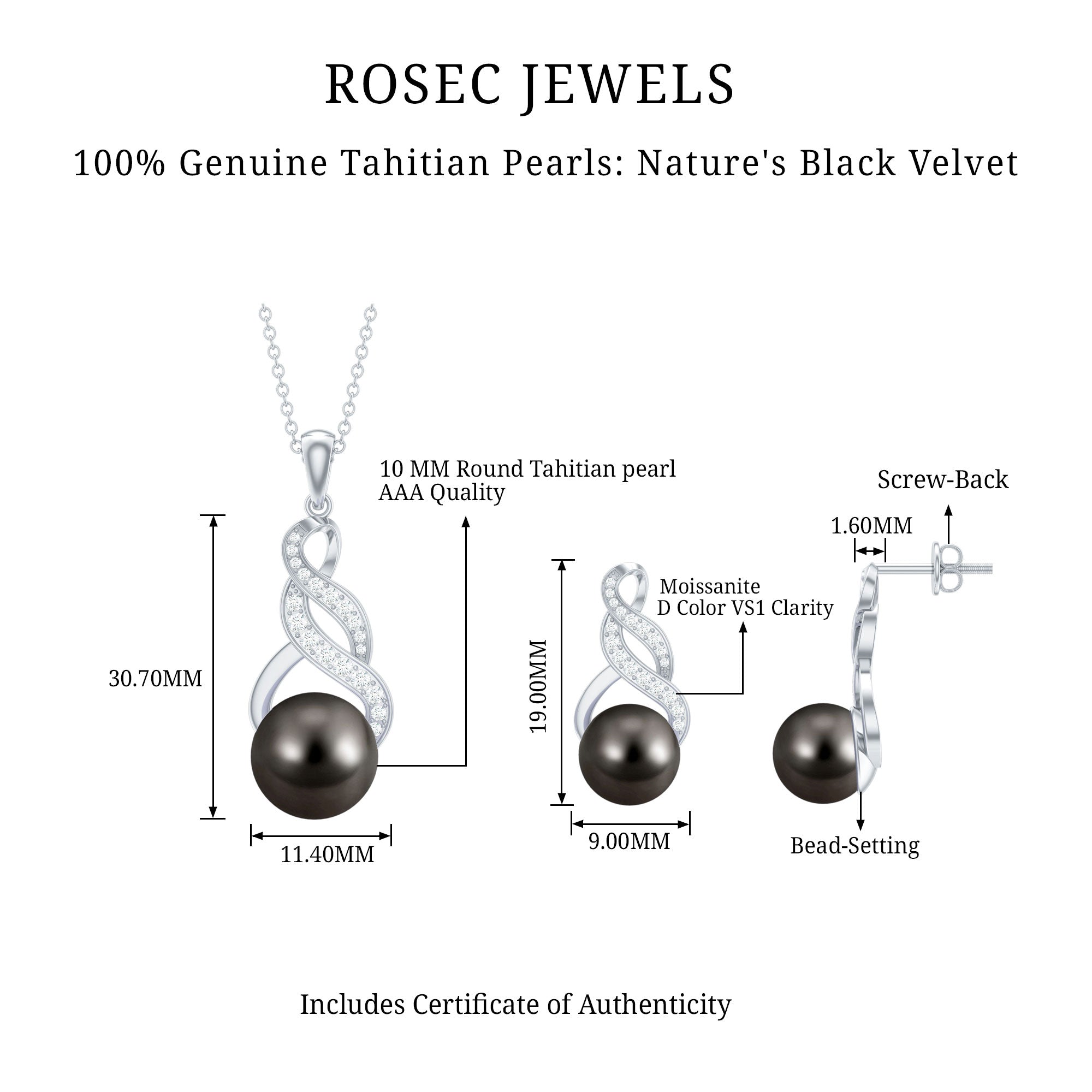 24.25 CT Natural Tahitian Pearl Bridal Infinity Drop Jewelry Set with Moissanite