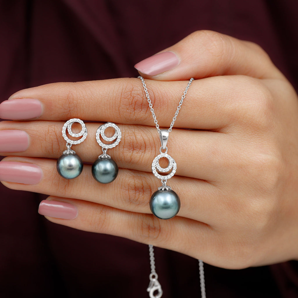 Genuine Tahitian Black Pearl Drop Jewelry Set with Certificate