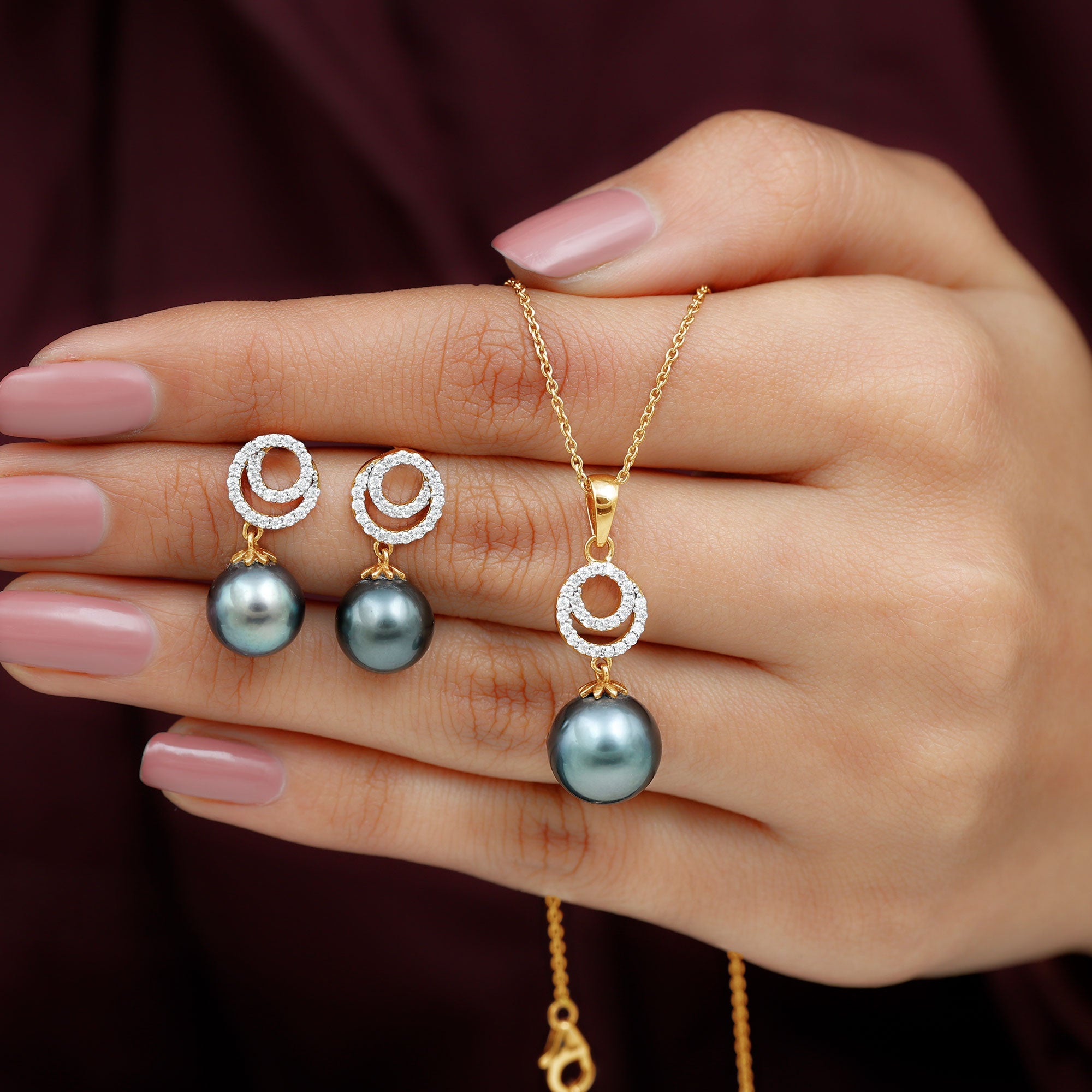 Genuine Tahitian Black Pearl Drop Jewelry Set with Certificate