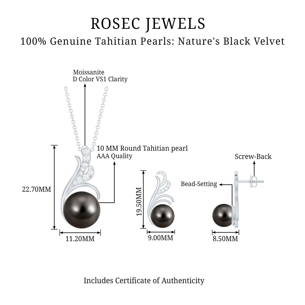 Designer Tahitian Black Pearl Necklace and Earrings Set with Moissanite