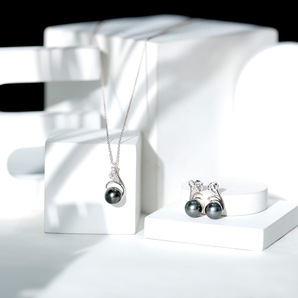 Designer Tahitian Black Pearl Necklace and Earrings Set with Moissanite