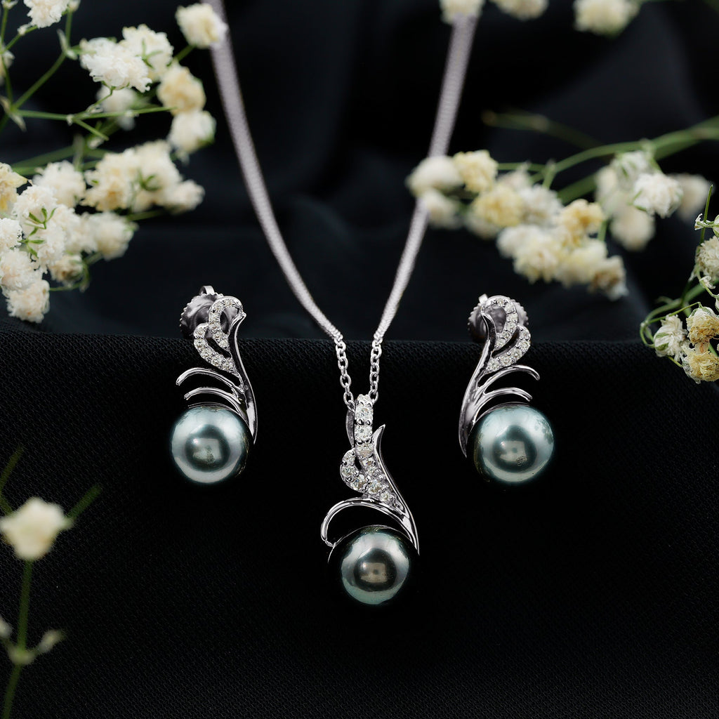 Designer Tahitian Black Pearl Necklace and Earrings Set with Moissanite