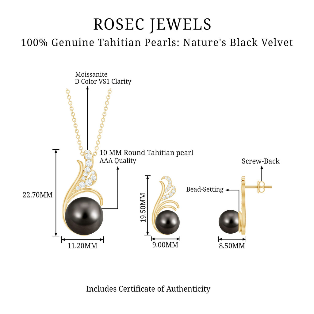 Designer Tahitian Black Pearl Necklace and Earrings Set with Moissanite