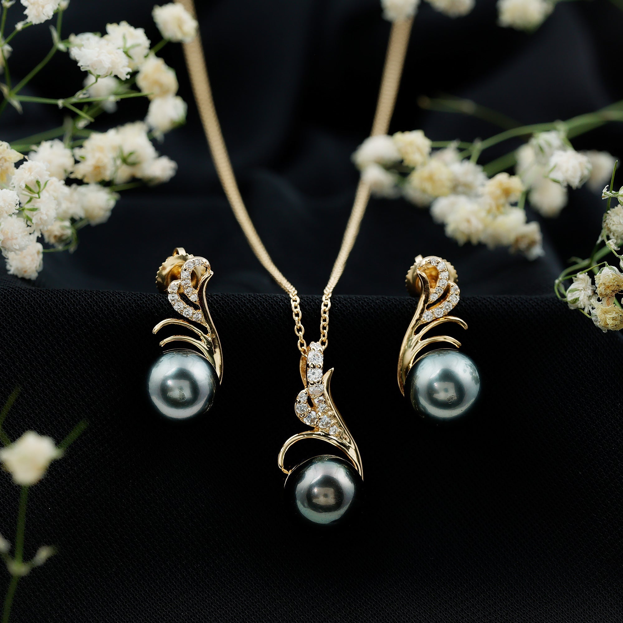 Designer Tahitian Black Pearl Necklace and Earrings Set with Moissanite