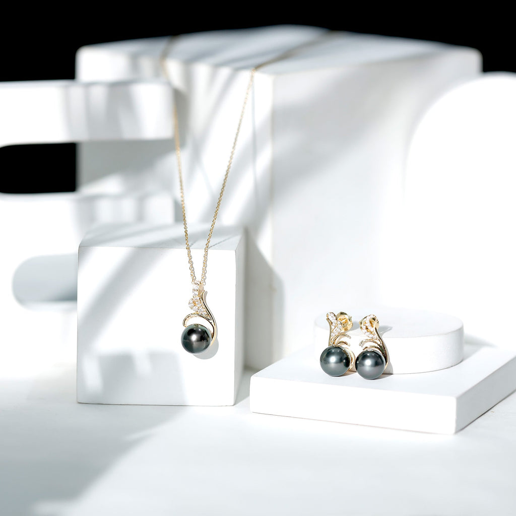 Designer Tahitian Black Pearl Necklace and Earrings Set with Moissanite