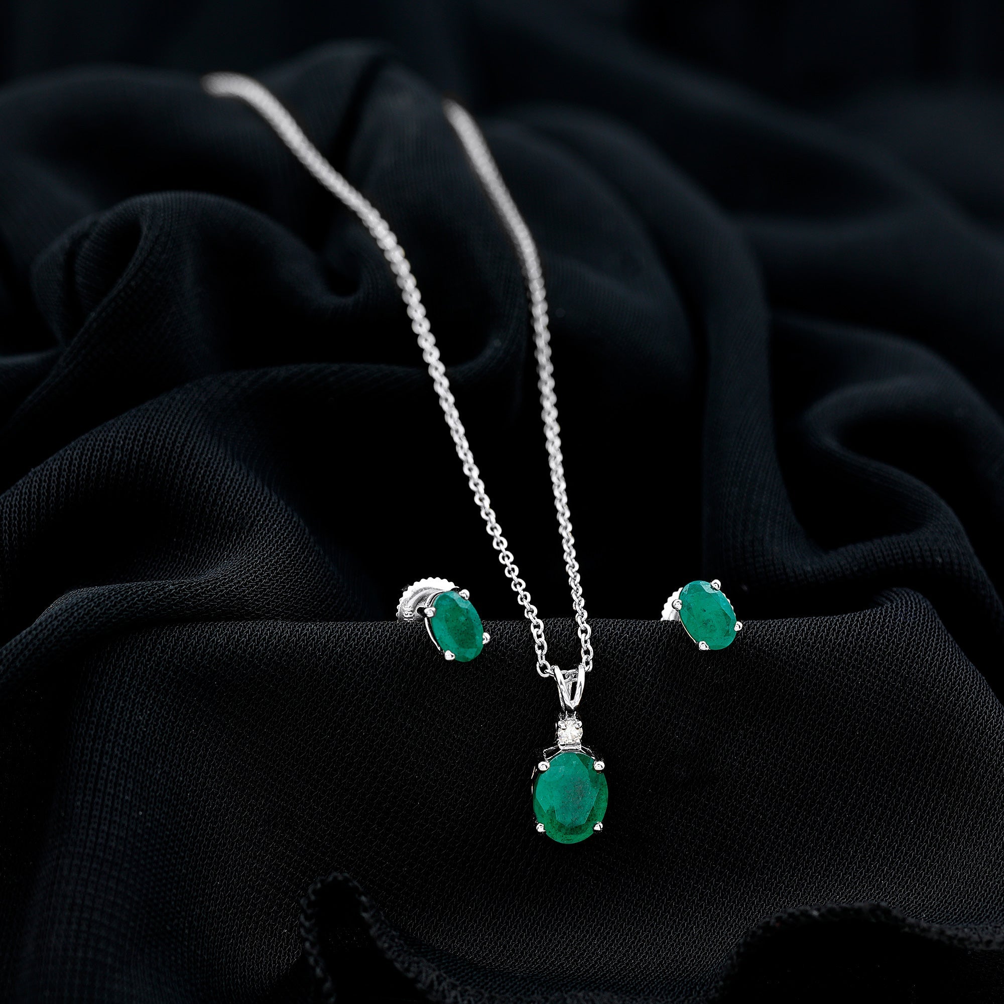 Genuine Emerald Solitaire Pendant and Earrings Set with Moissanite