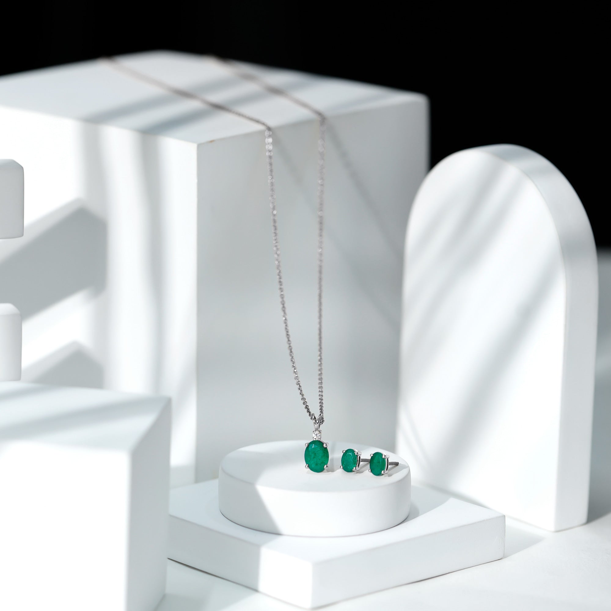 Genuine Emerald Solitaire Pendant and Earrings Set with Moissanite