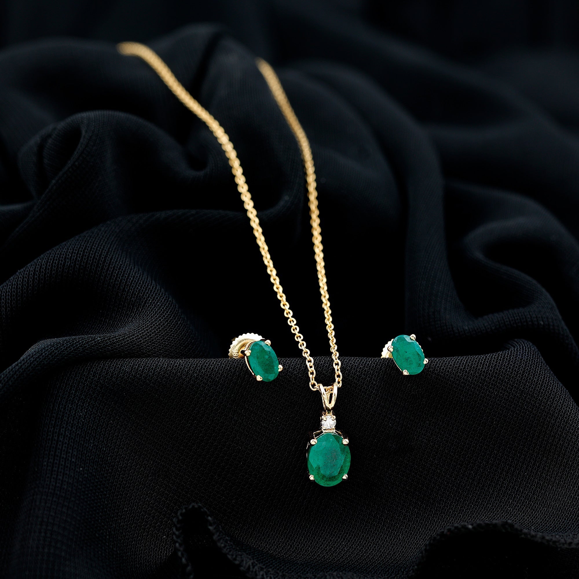 Genuine Emerald Solitaire Pendant and Earrings Set with Moissanite