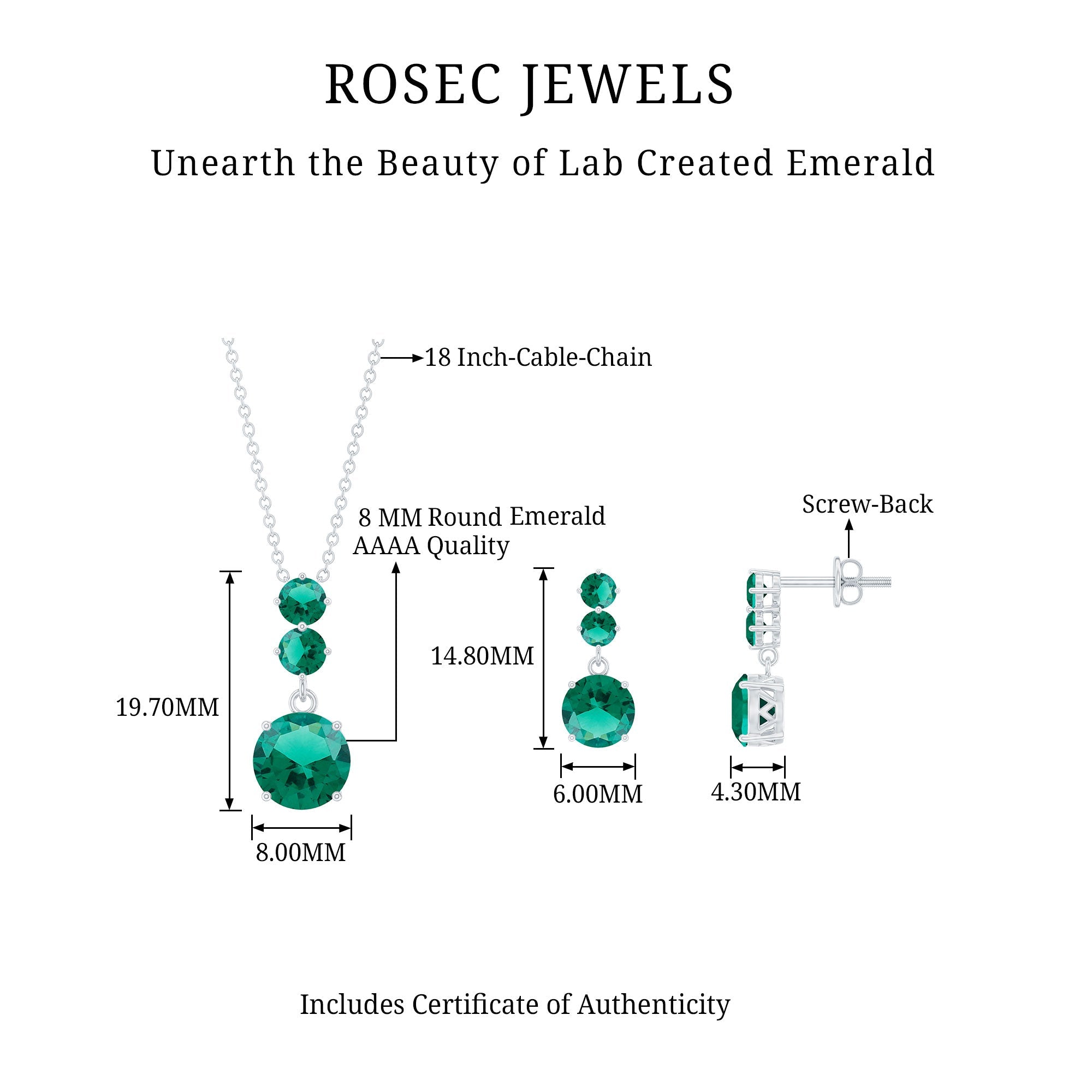 Certified Lab Created Emerald Dangle Necklace Earrings Set