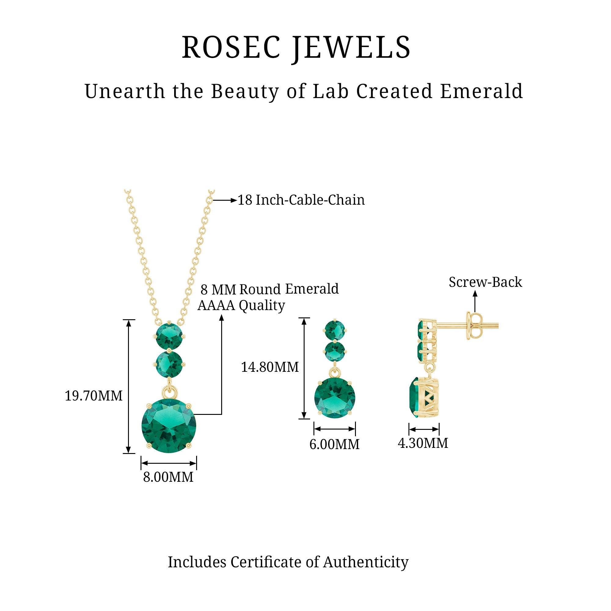 Certified Lab Created Emerald Dangle Necklace Earrings Set