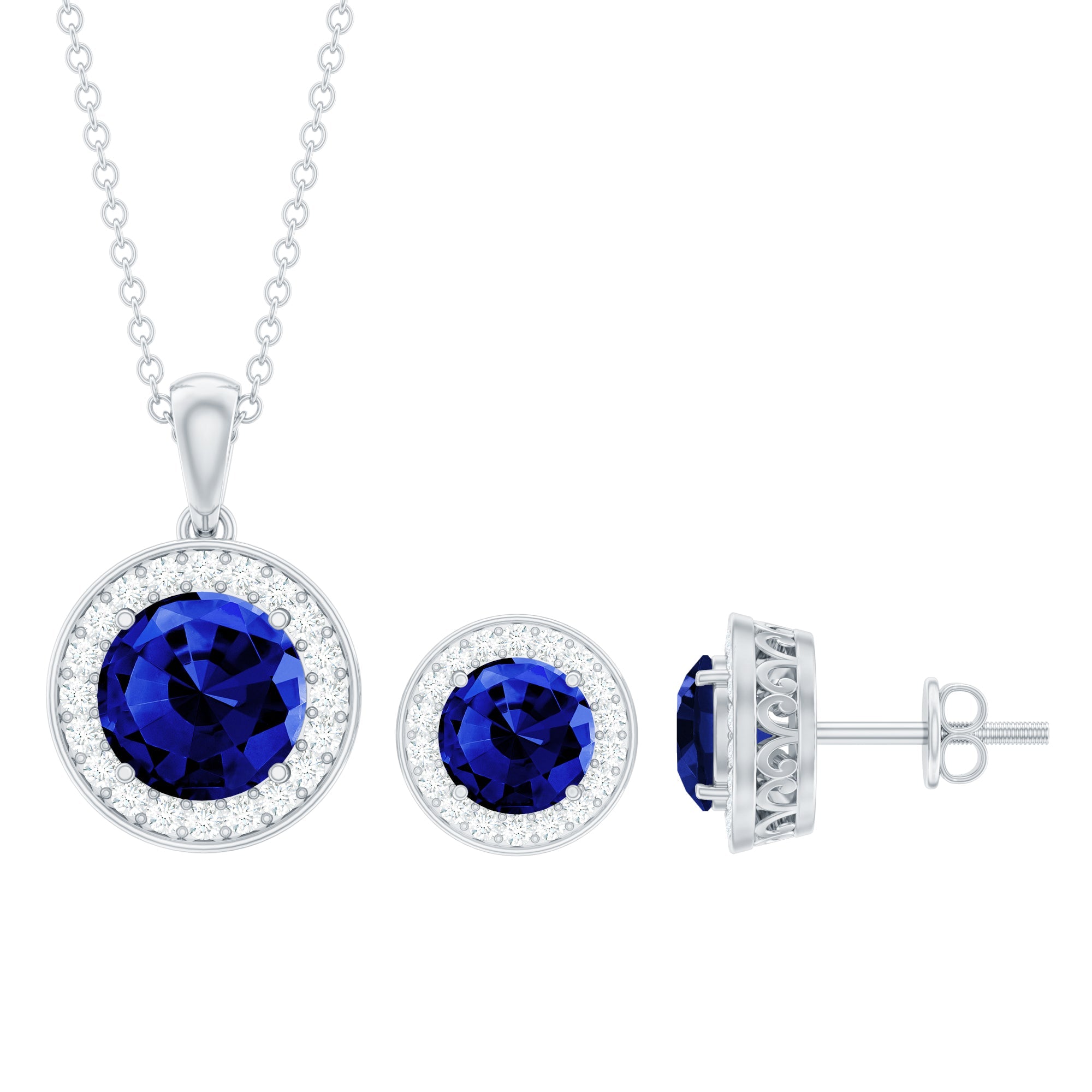 Classic Lab Grown Blue Sapphire And Moissanite Halo Bridal Jewelry Set
