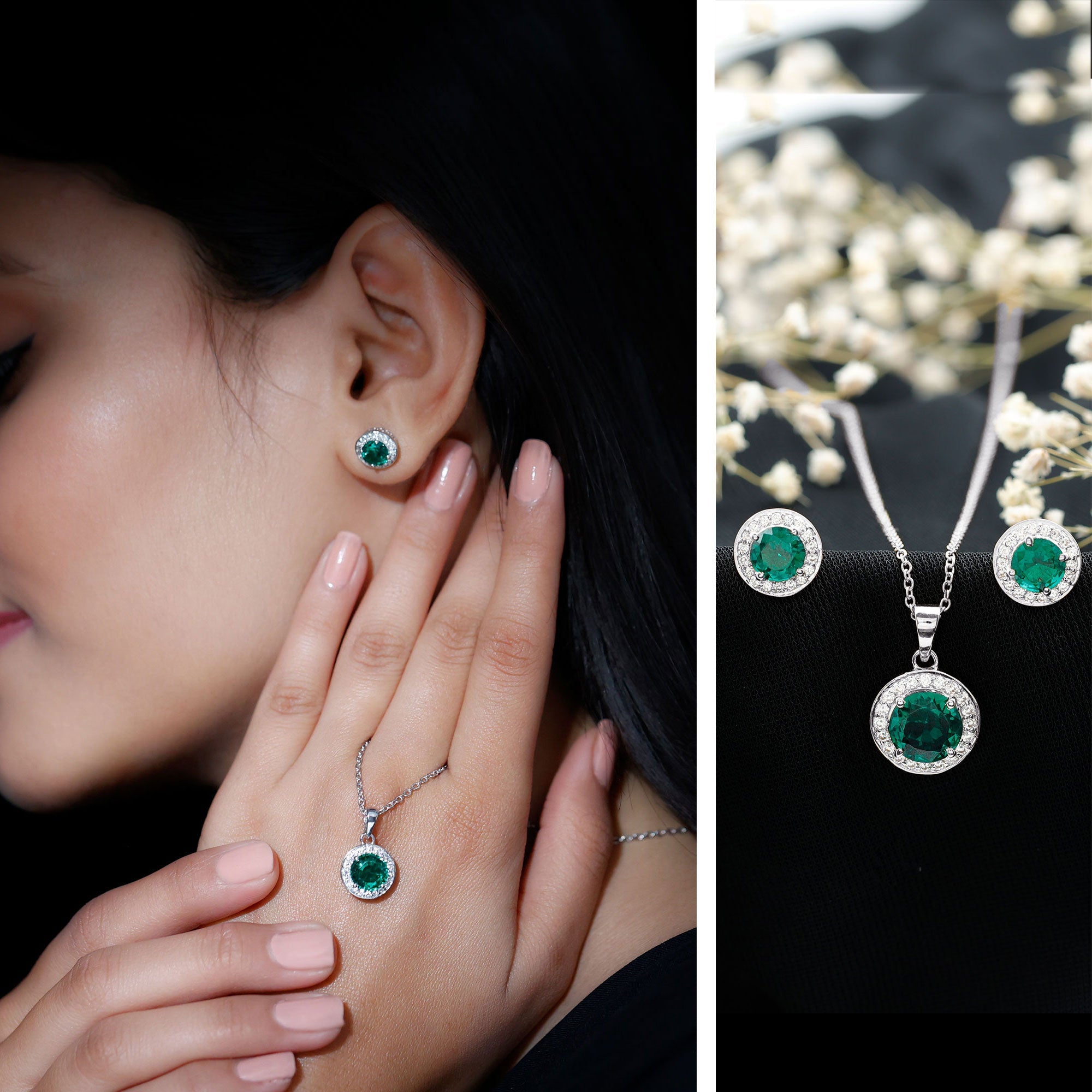 Certified 3.5 Carat Lab Grown Emerald Wedding Necklace and Earrings