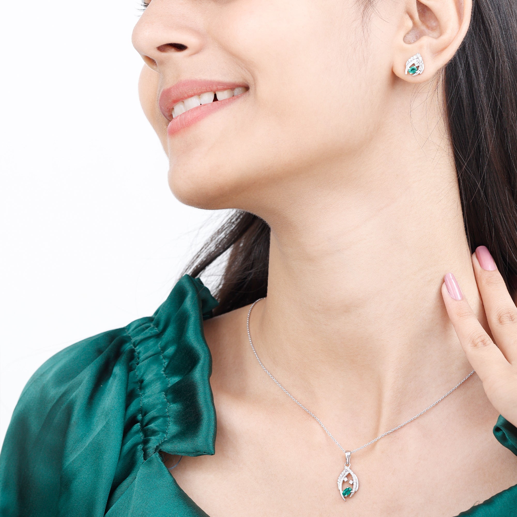 Minimalist Emerald and Diamond Necklace and Earrings Set