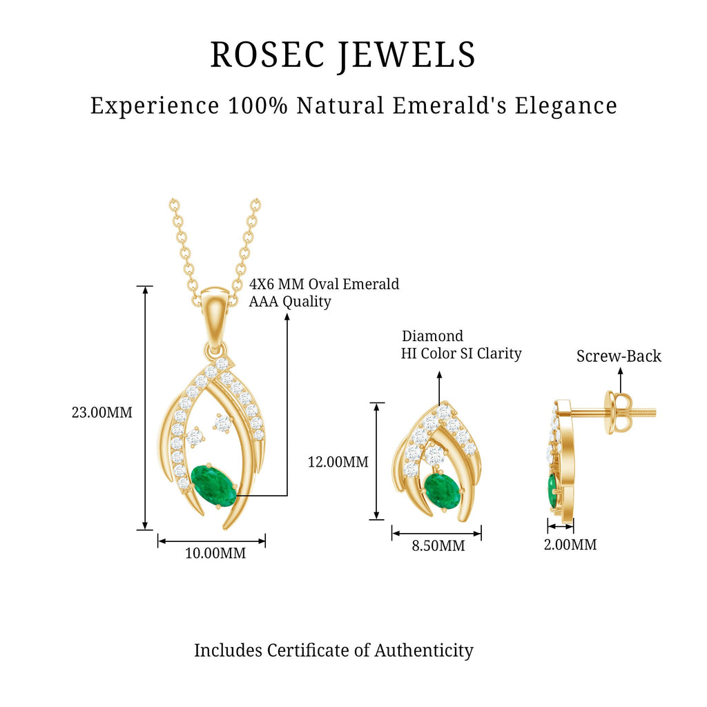 Minimalist Emerald and Diamond Necklace and Earrings Set