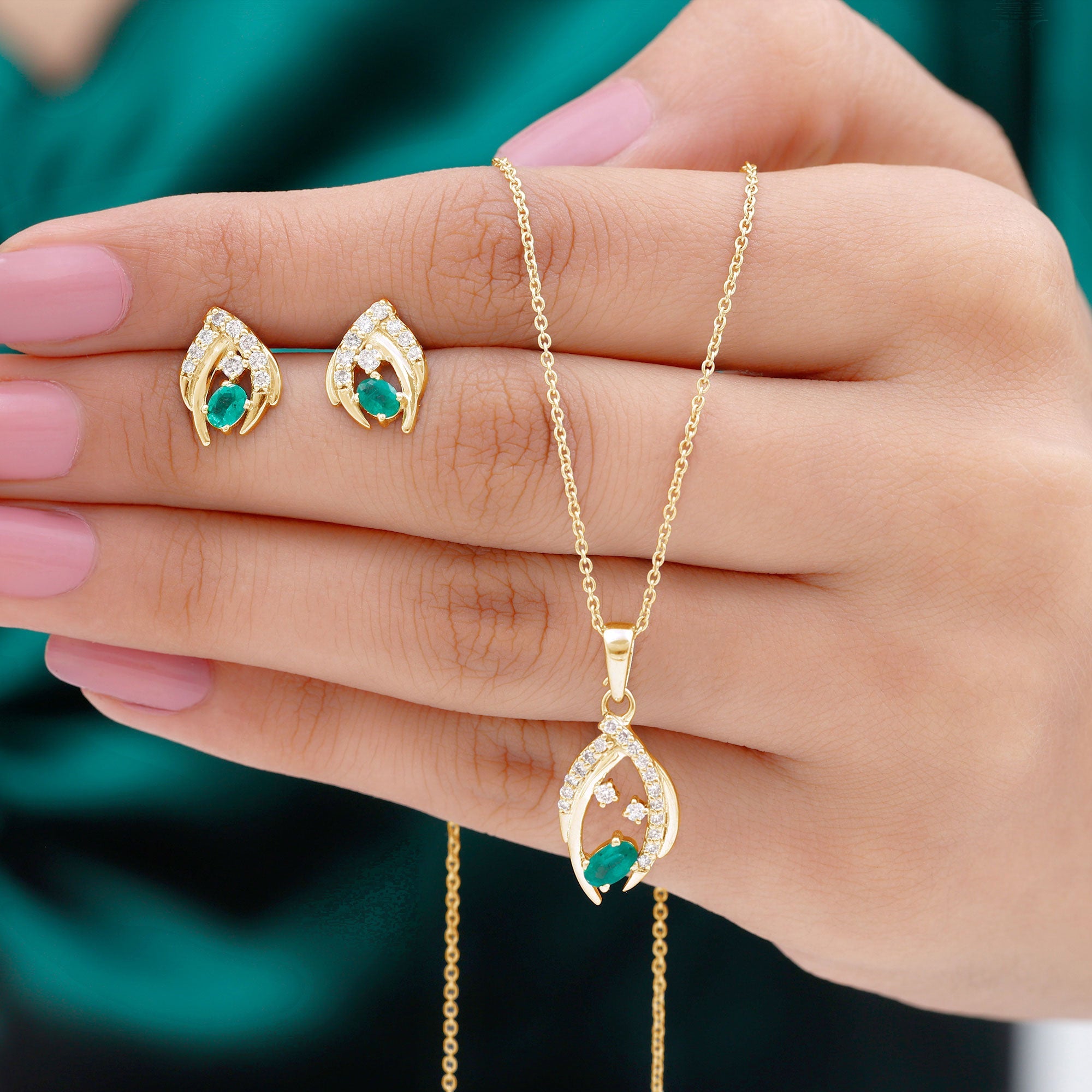 Minimalist Emerald and Diamond Necklace and Earrings Set