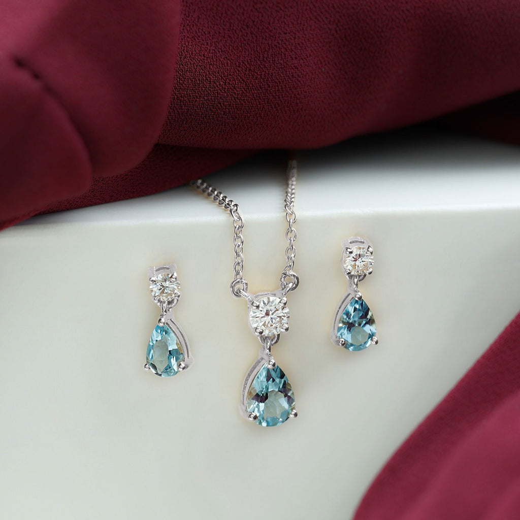 Real Pear Cut Aquamarine Teardrop Jewelry Set with Moissanite