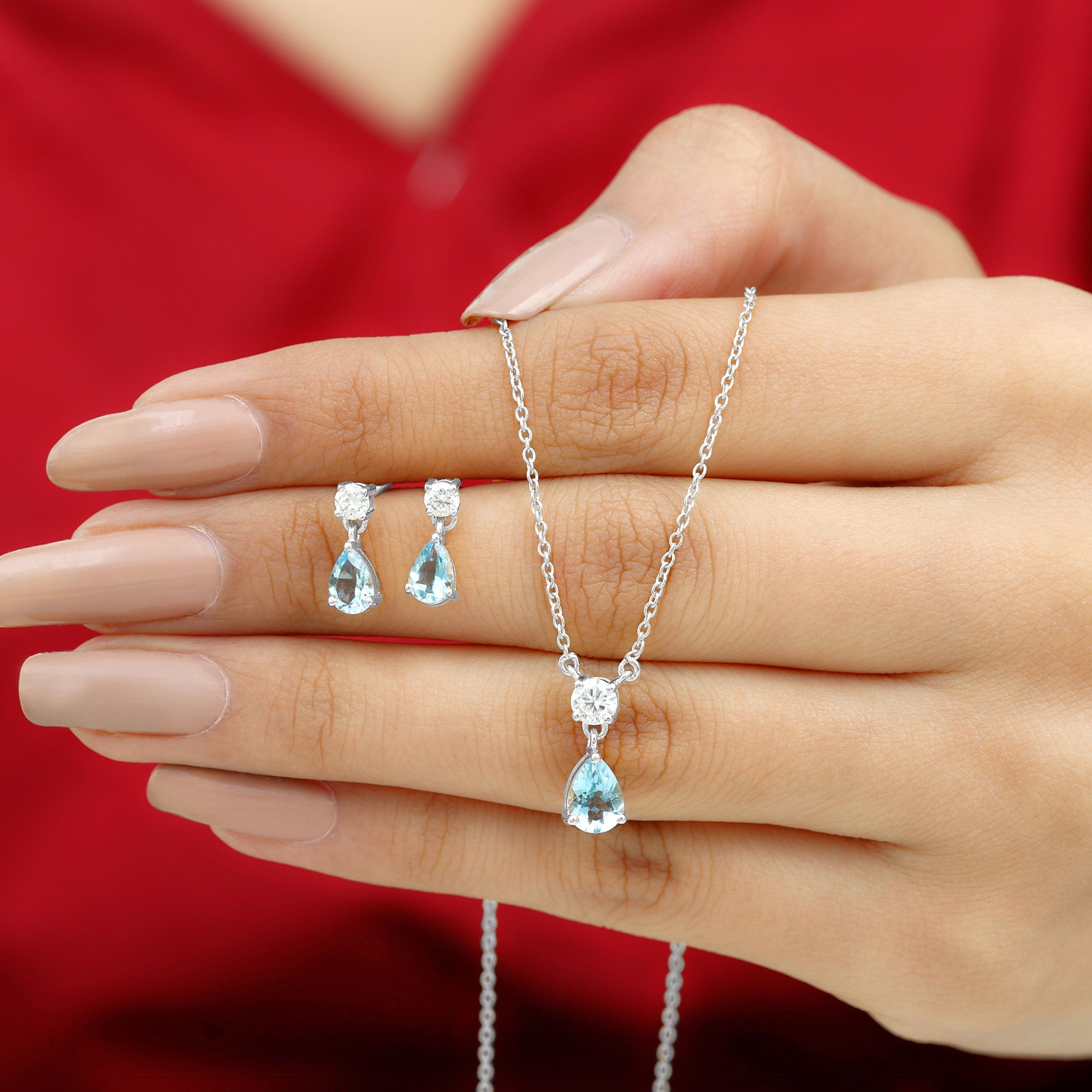 Real Pear Cut Aquamarine Teardrop Jewelry Set with Moissanite