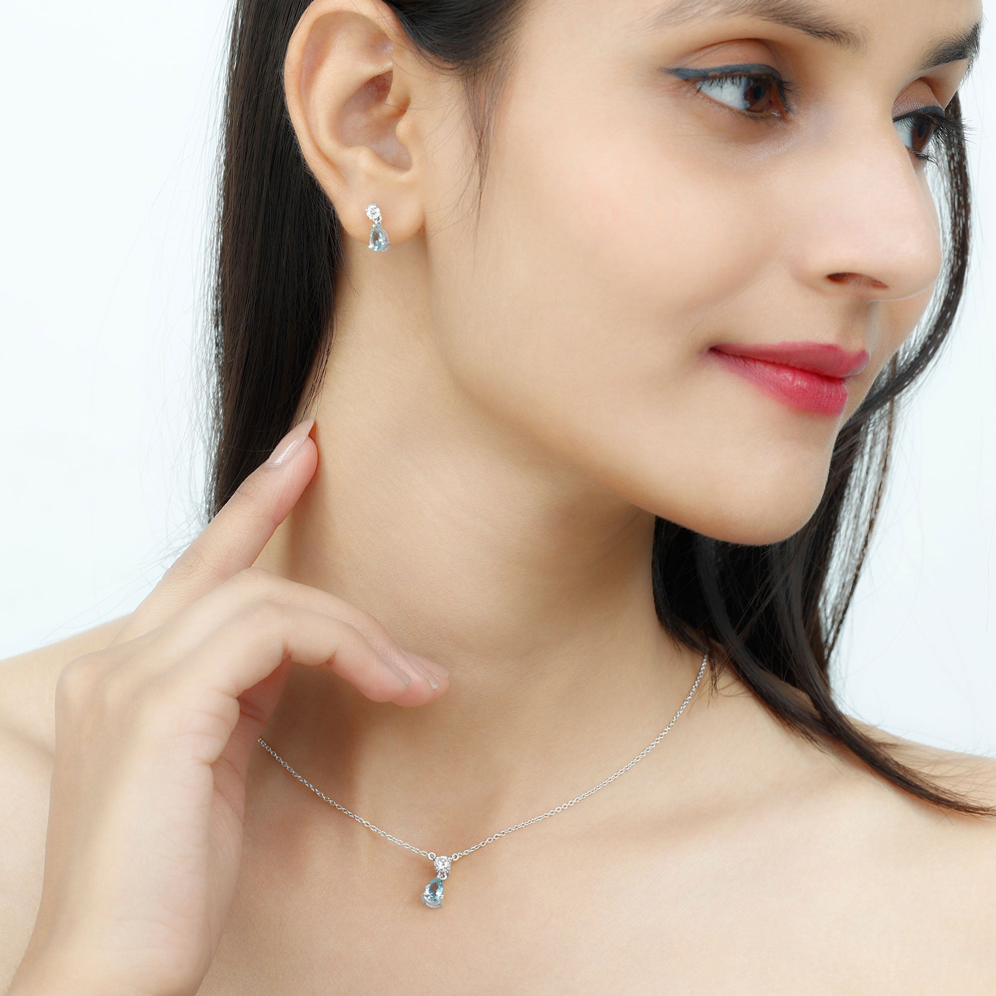 Real Pear Cut Aquamarine Teardrop Jewelry Set with Moissanite