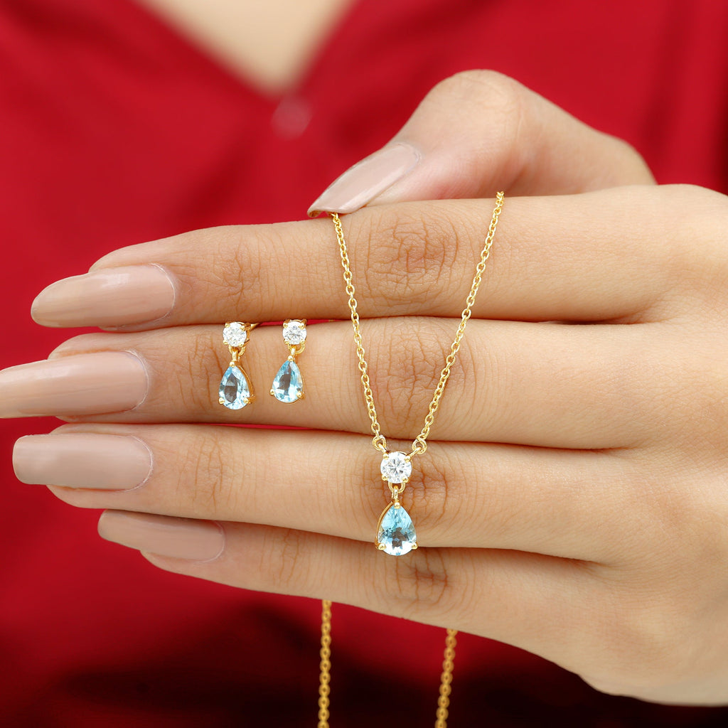 Real Pear Cut Aquamarine Teardrop Jewelry Set with Moissanite
