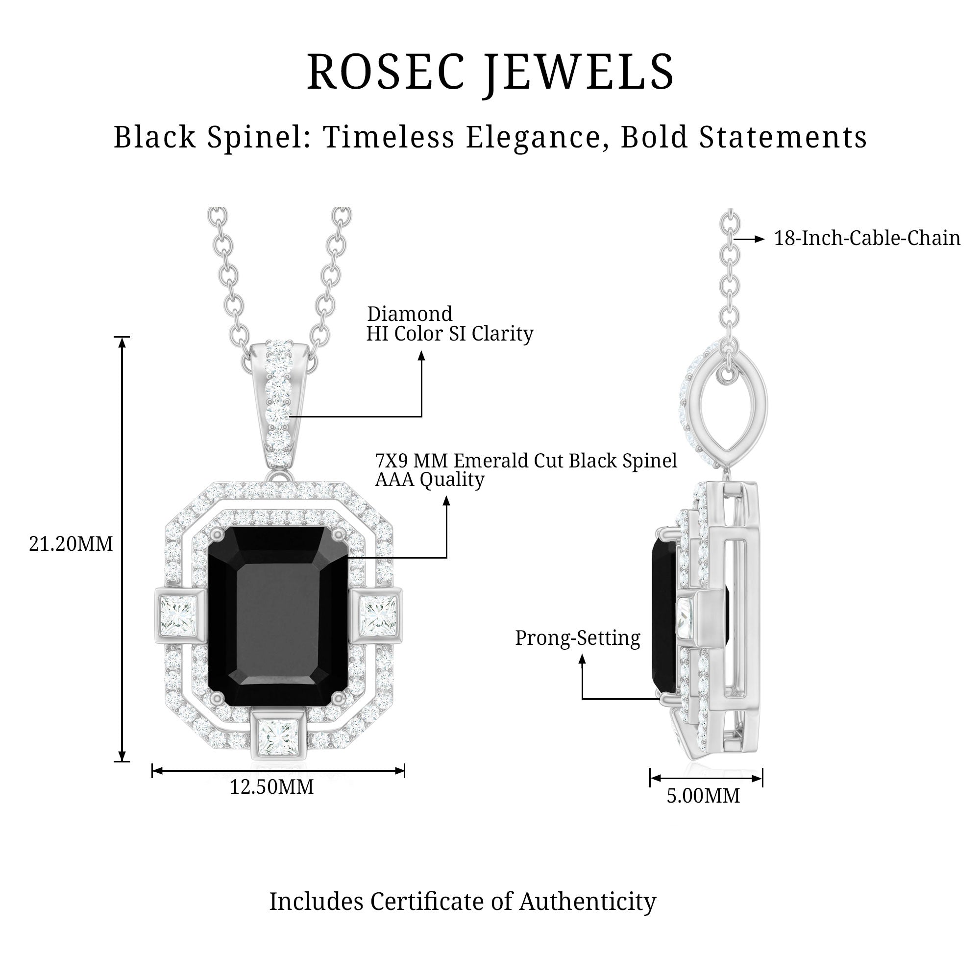 Black Spinel Vintage Inspired Pendant Necklace With Diamond Accent