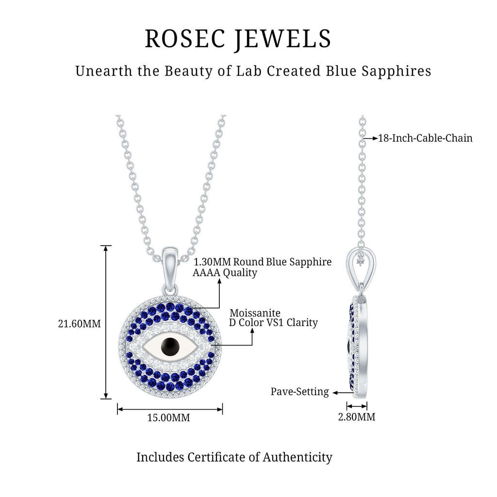 Sterling Silver Evil Eye Necklace with Blue Sapphire and Moissanite