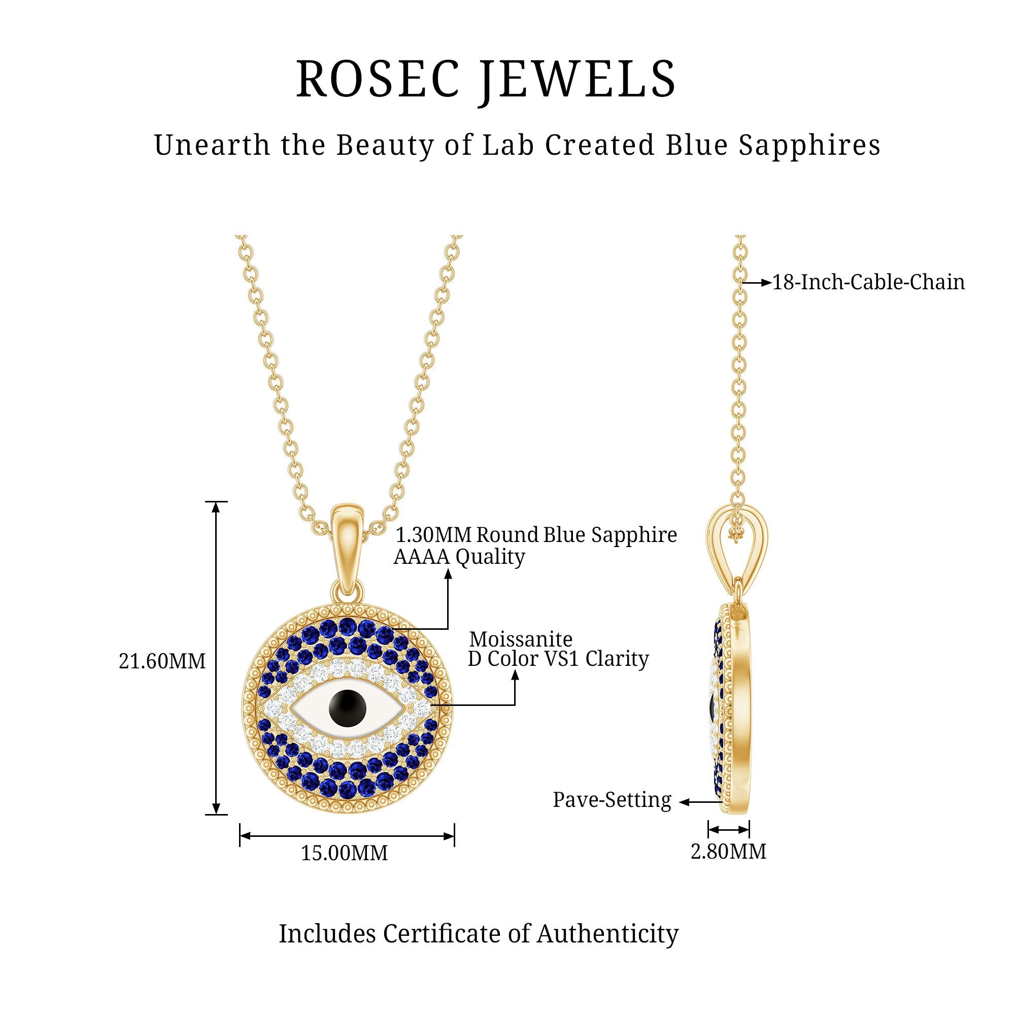 Evil Eye Necklace with Lab Grown Blue Sapphire and Moissanite