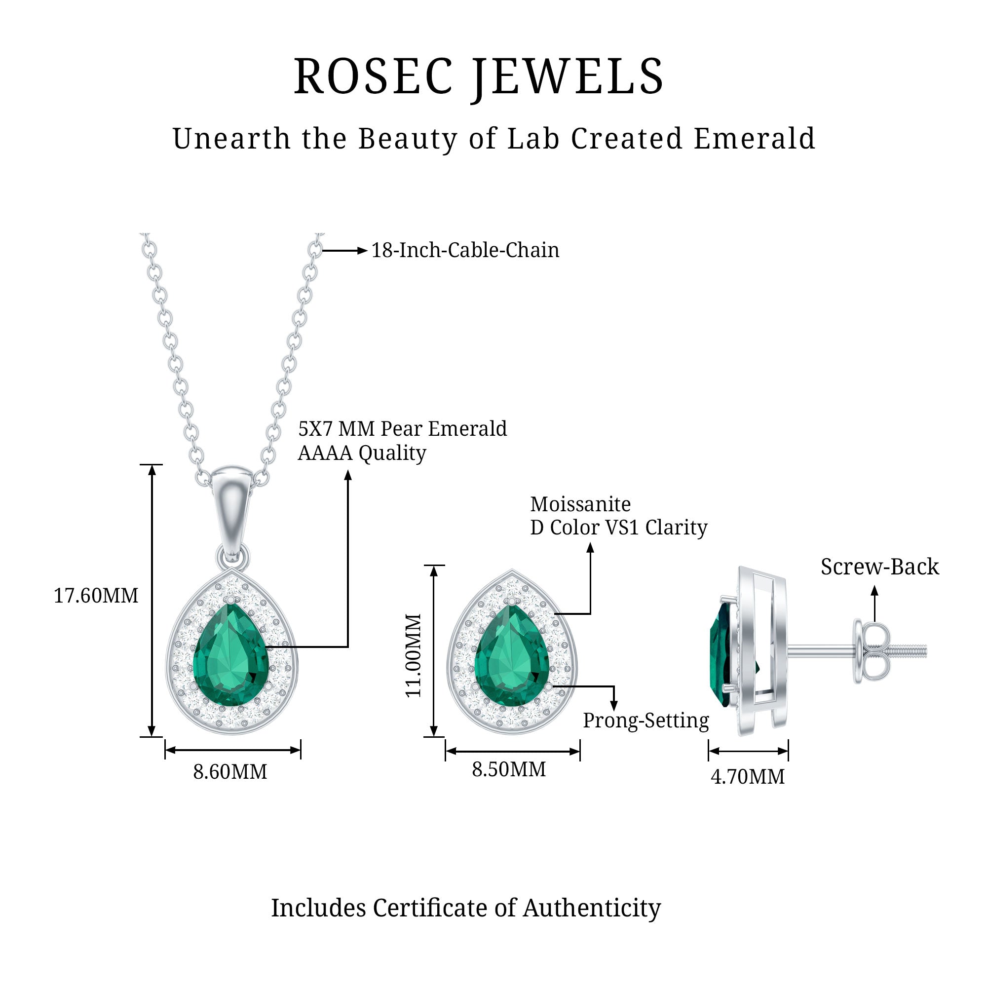 Classic Pear Shaped Created Emerald And Moissanite Teardrop Jewelry Set