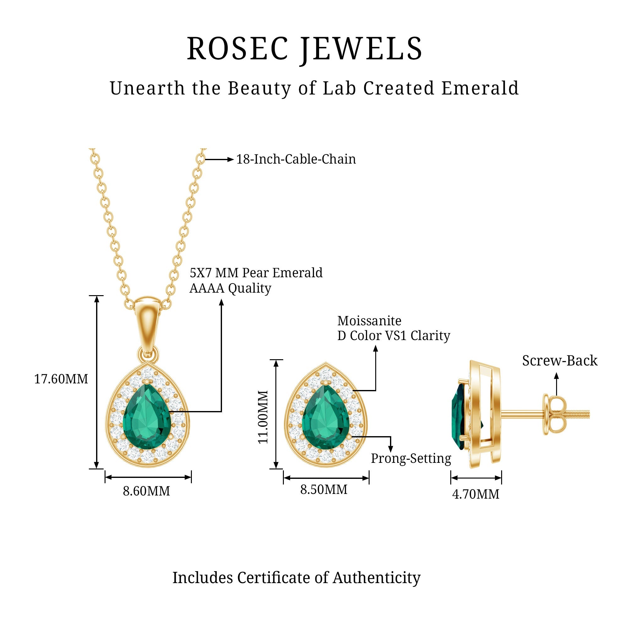 Classic Pear Shaped Created Emerald And Moissanite Teardrop Jewelry Set