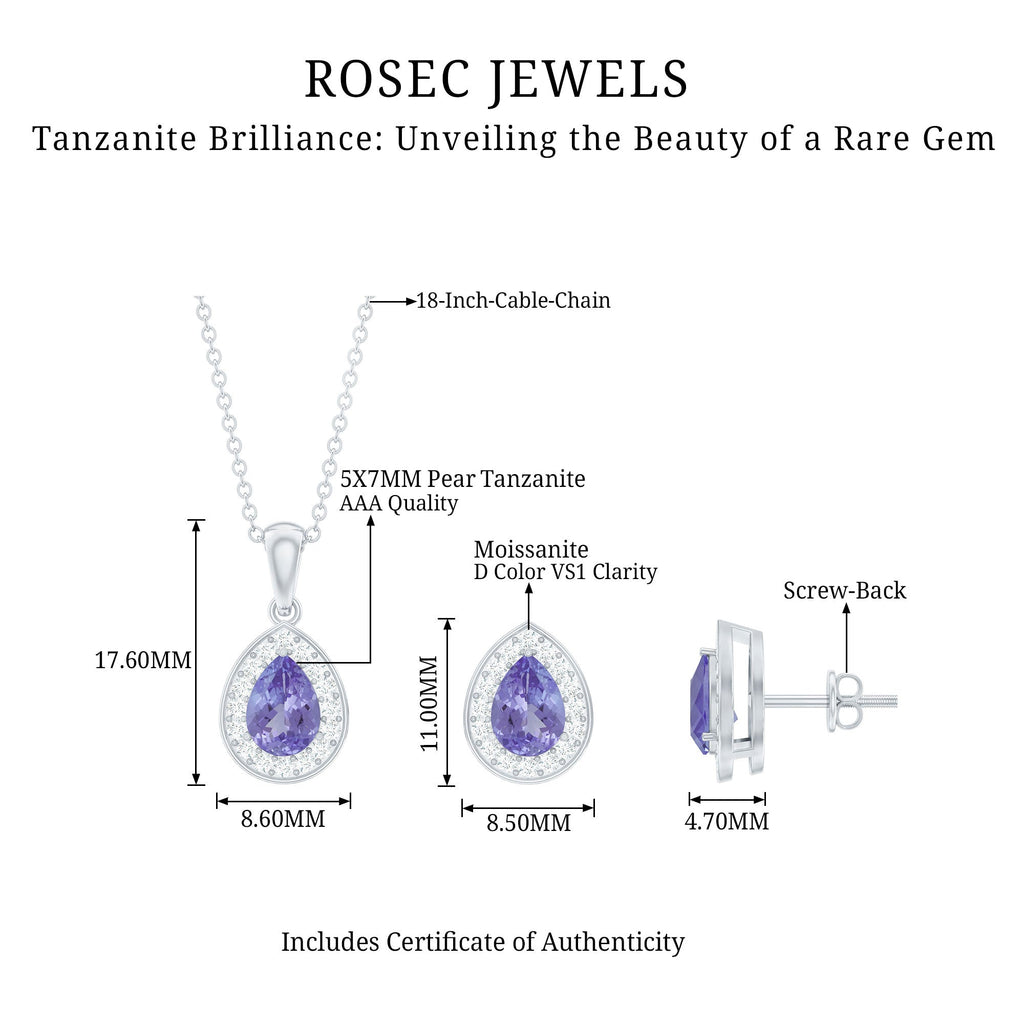 Certified 2.52 Carat Tanzanite Teardrop Jewelry Set with Moissanite Halo