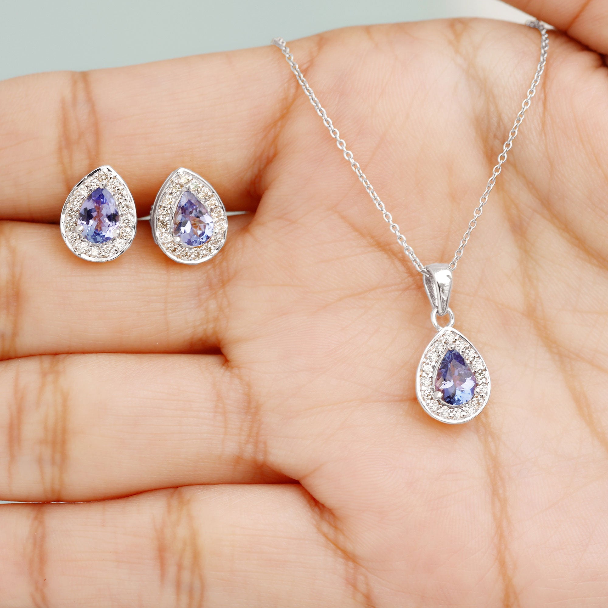 Certified 2.52 Carat Tanzanite Teardrop Jewelry Set with Moissanite Halo