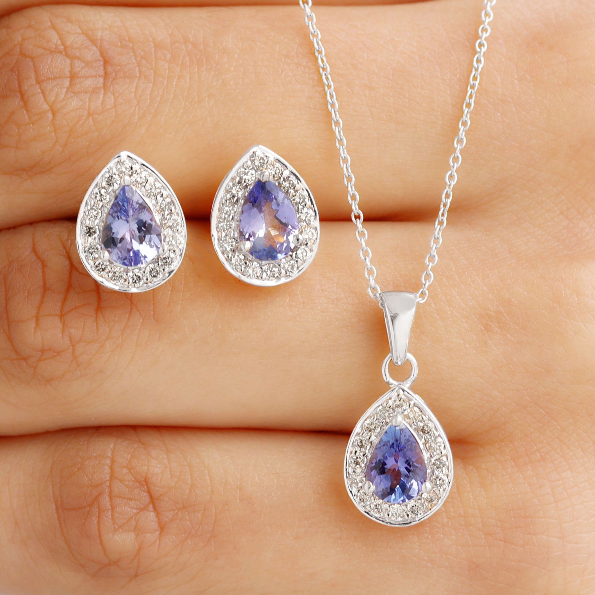 Certified 2.52 Carat Tanzanite Teardrop Jewelry Set with Moissanite Halo