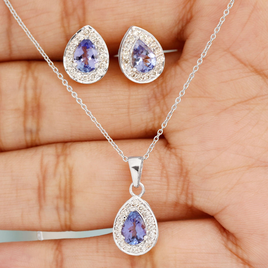 Certified 2.52 Carat Tanzanite Teardrop Jewelry Set with Moissanite Halo