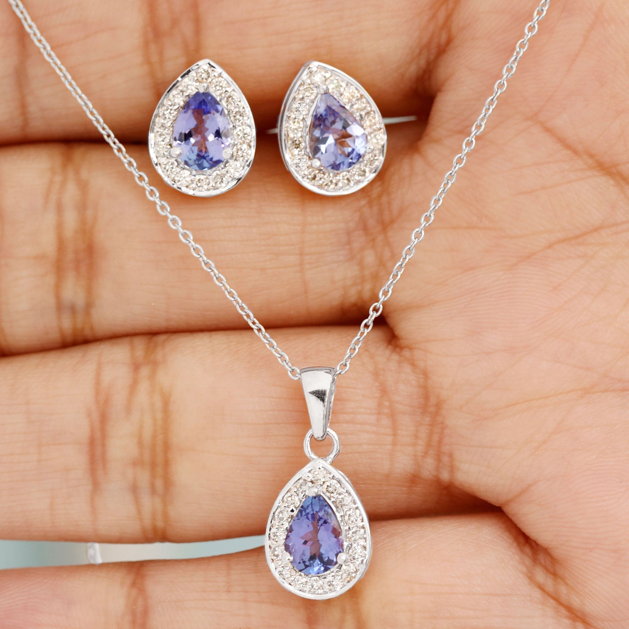 Certified 2.52 Carat Tanzanite Teardrop Jewelry Set with Moissanite Halo