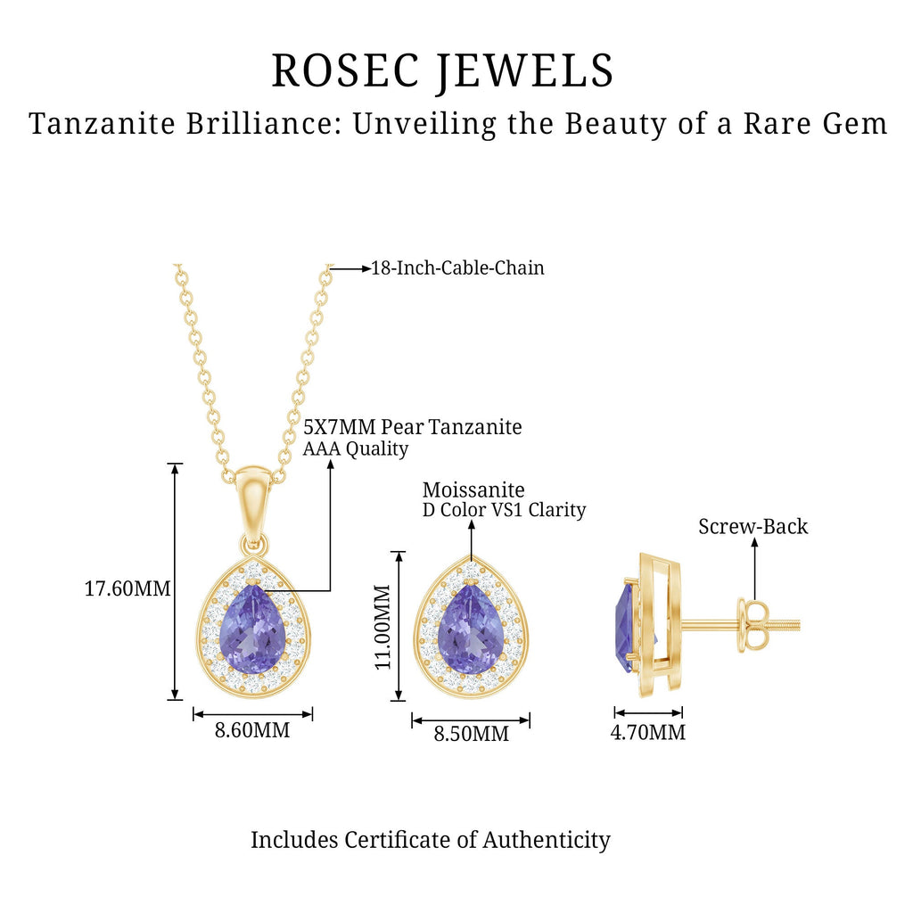 Certified 2.52 Carat Tanzanite Teardrop Jewelry Set with Moissanite Halo
