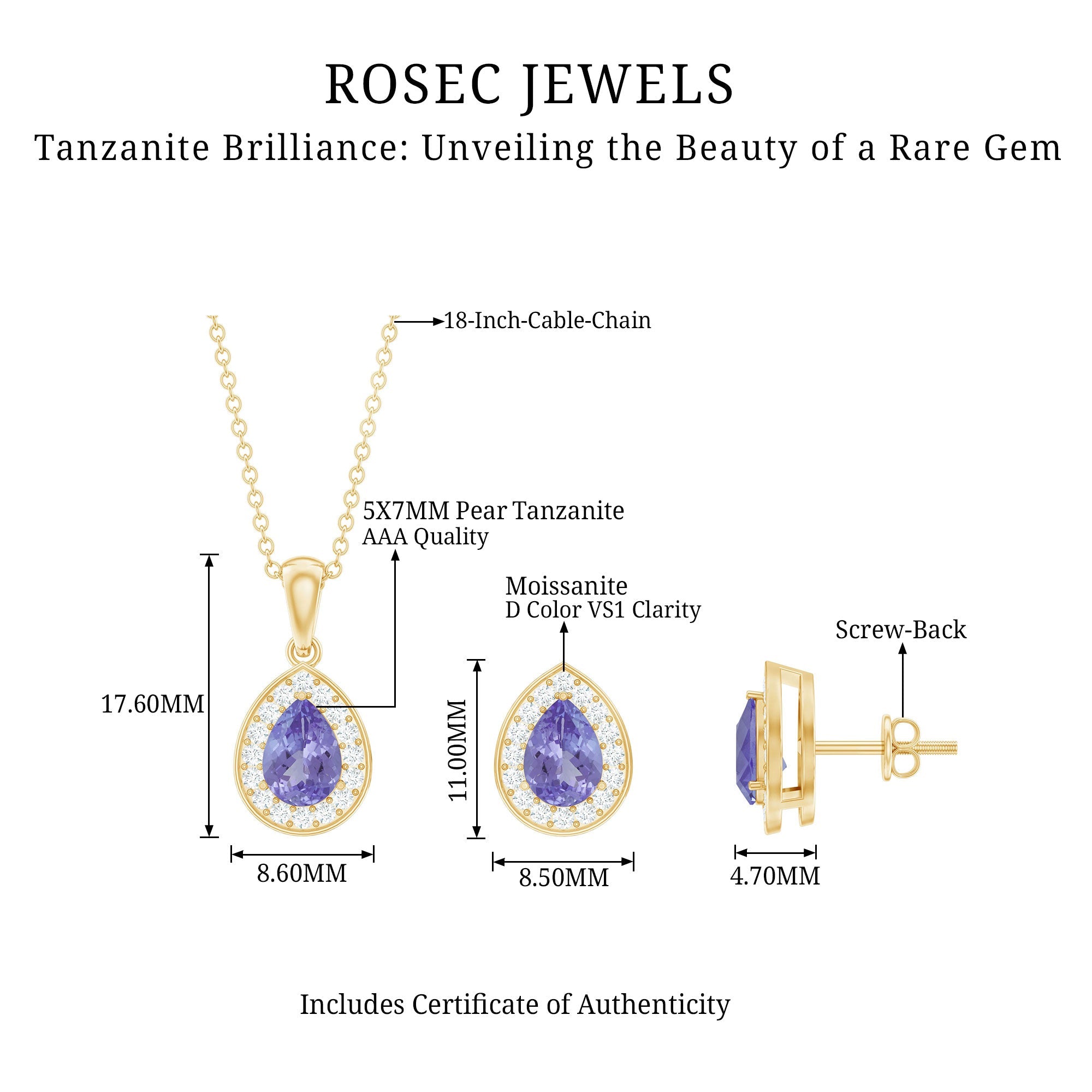 Certified 2.52 Carat Tanzanite Teardrop Jewelry Set with Moissanite Halo