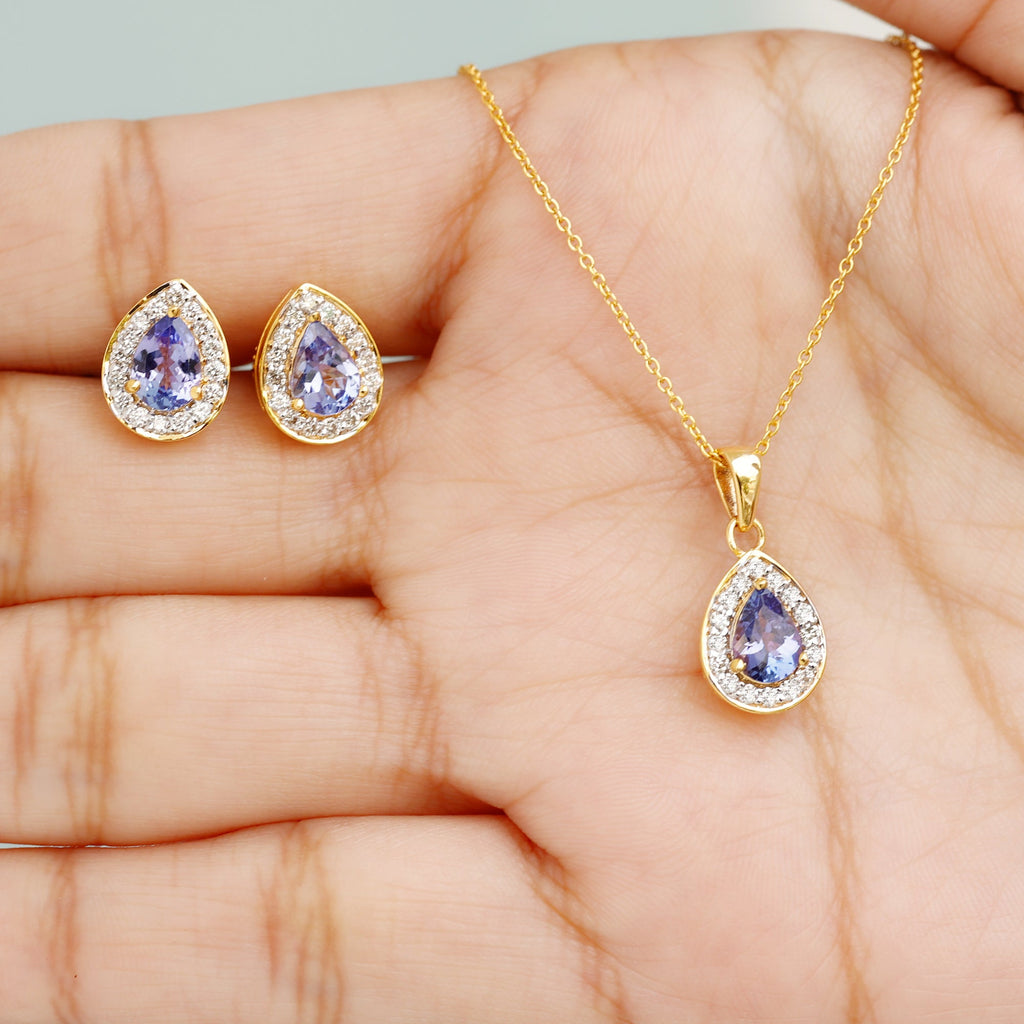 Certified 2.52 Carat Tanzanite Teardrop Jewelry Set with Moissanite Halo