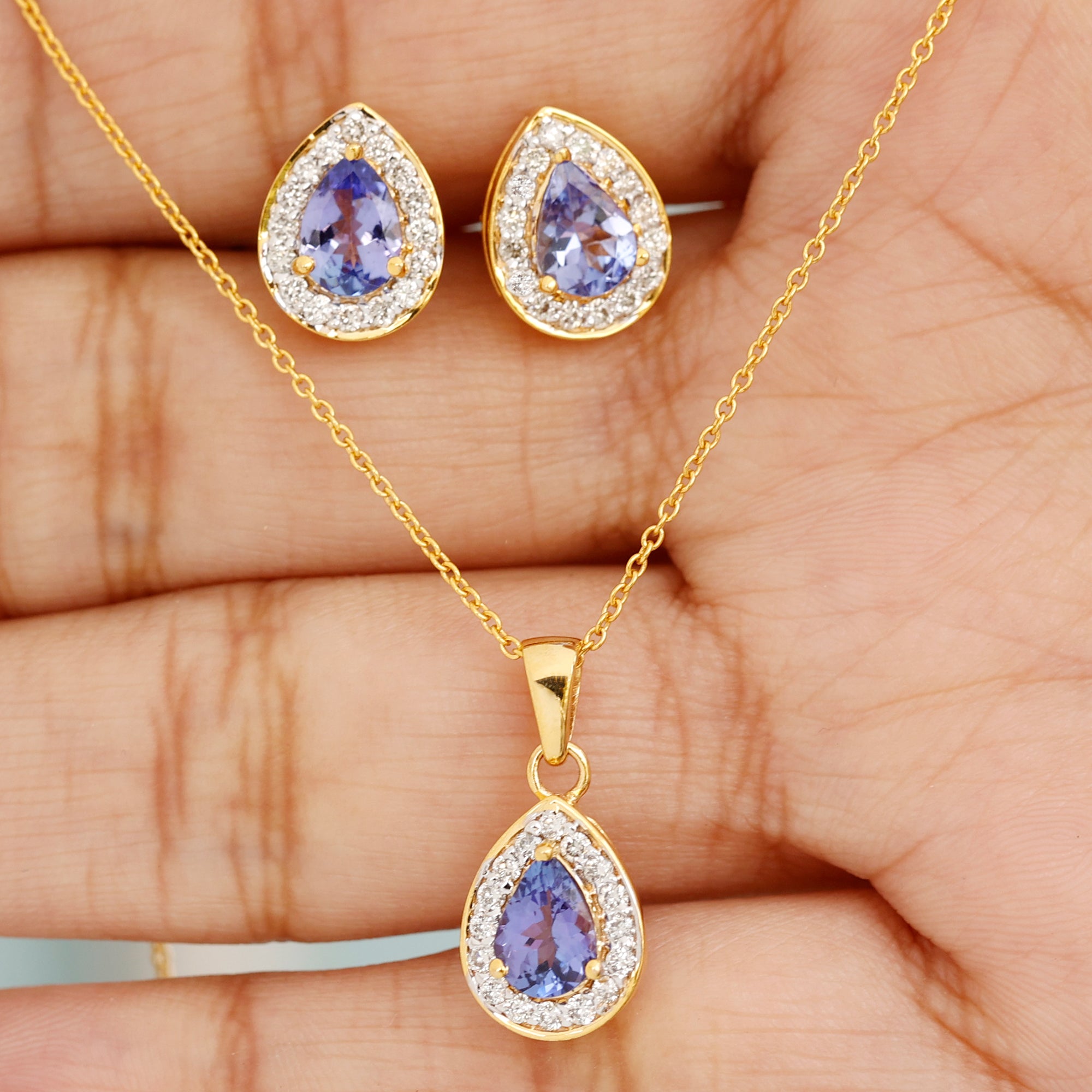 Certified 2.52 Carat Tanzanite Teardrop Jewelry Set with Moissanite Halo