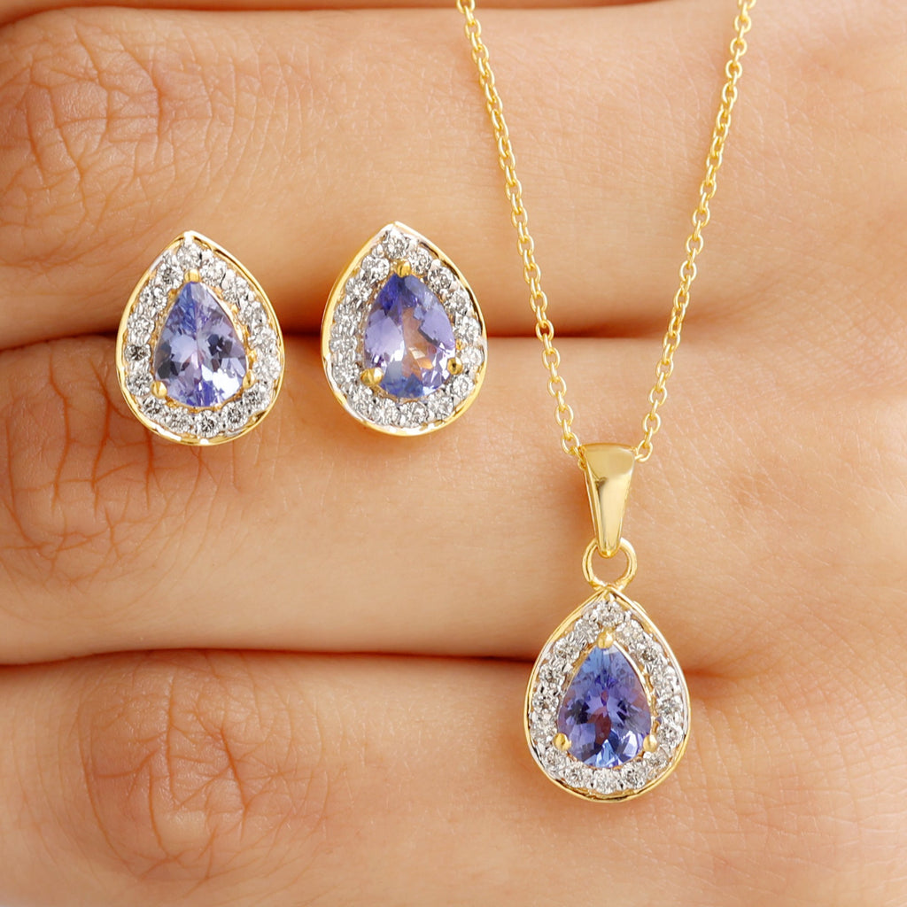 Certified 2.52 Carat Tanzanite Teardrop Jewelry Set with Moissanite Halo